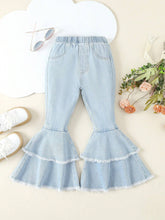 Young Girl Double Layer Fringe Flare Jeans And Pure Color Washed Denim Jeans Personality Outfit For Daily Wear